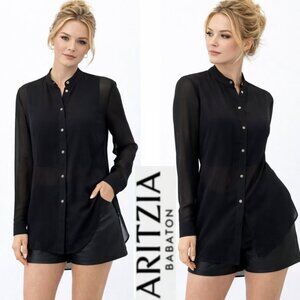 Babaton Black Sheer Button Down Tunic Blouse Long Sleeve Small Chic Night Out